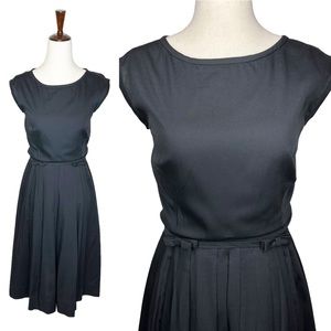 Vintage 50s L'Aiglon Black Bow Waistline Pleated Cap Sleeve Union Made Dress